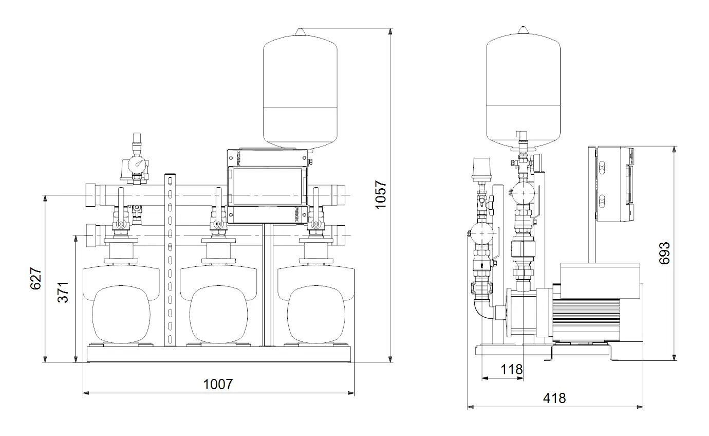 Druckerhöhungsanlage von Grundfos mit mehreren Pumpen, Steuereinheit und Ausdehnungsgefäß, dargestellt in technischen Zeichnungen mit Maßen.